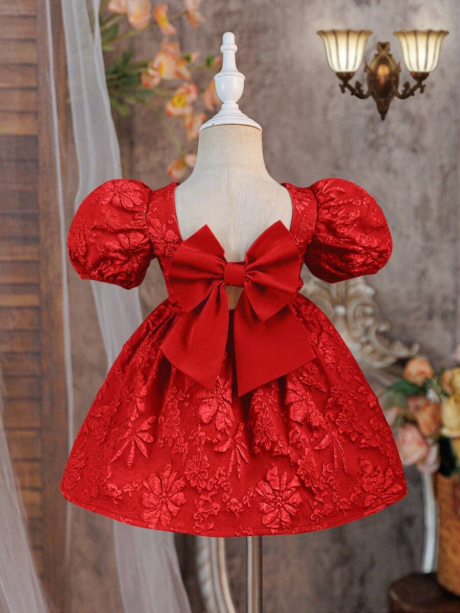 One-Piece Baby Girl And Elegant Woven Color-Blocked Sleeveless Pullover Dress With Large Butterfly Design.Suitable For Parties,Gatherings,Outings. - Red - View 1