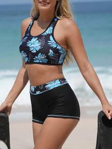 Swim SPRTY 女士热带印花挂脖比基尼套装，海滩度假风 - 藕粉色 - 查看 5