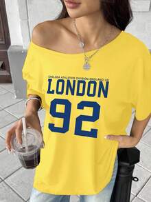 EMERY ROSE Camiseta gráfica con estampado de Londres 92 y hombros descubiertos para mujer, tallas grandes - Amarillo - Ver 3