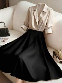 GlowEve Đầm dài tay nữ dáng chữ A, thiết kế phối màu độc đáo, thanh lịch, phù hợp mặc đi làm hàng ngày, phong cách đường phố Pháp cổ điển, đa năng cho kỳ nghỉ và công sở, thích hợp cho mùa Thu/Đông. - màu đen - Xem 7