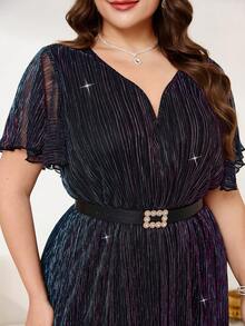 SHEIN Clasi Plus Size Solid Color Notched Neck Elegant Short Sleeve Dress - Multicolor - View 4