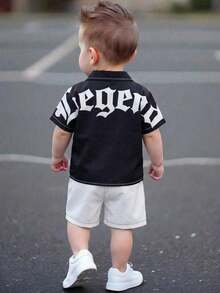 2pcs Baby Boys/Girls Casual Street Chic Letter Print Short Sleeve Shirt & Elastic Waist Shorts Co-Ord Set, Suitable For Spring/Summer, Outdoor Play, All Seasons,Streetwear,Suitable For Spring/Summer,My First Easter - Black and White - View 2