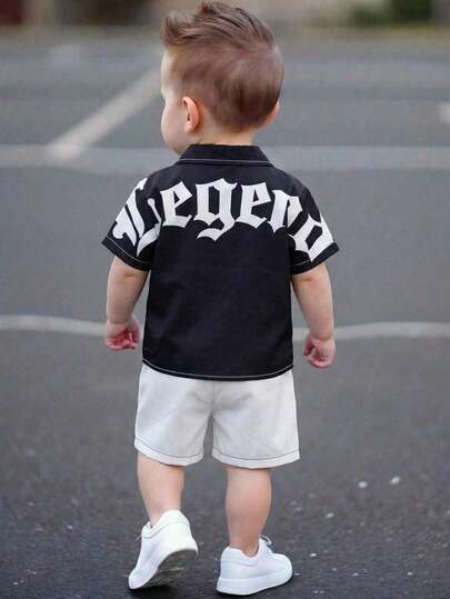 Bubblio 2件套男童/女童休闲街头风字母印花短袖衬衫和松紧腰短裤套装，适合春夏、户外玩耍、四季皆宜