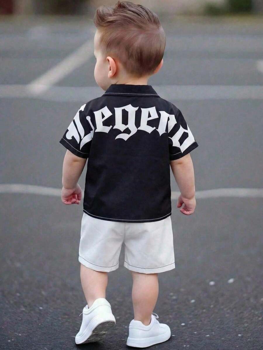 2pcs Baby Boys/Girls Casual Street Chic Letter Print Short Sleeve Shirt & Elastic Waist Shorts Co-Ord Set, Suitable For Spring/Summer, Outdoor Play, All Seasons,Streetwear,Suitable For Spring/Summer,My First Easter