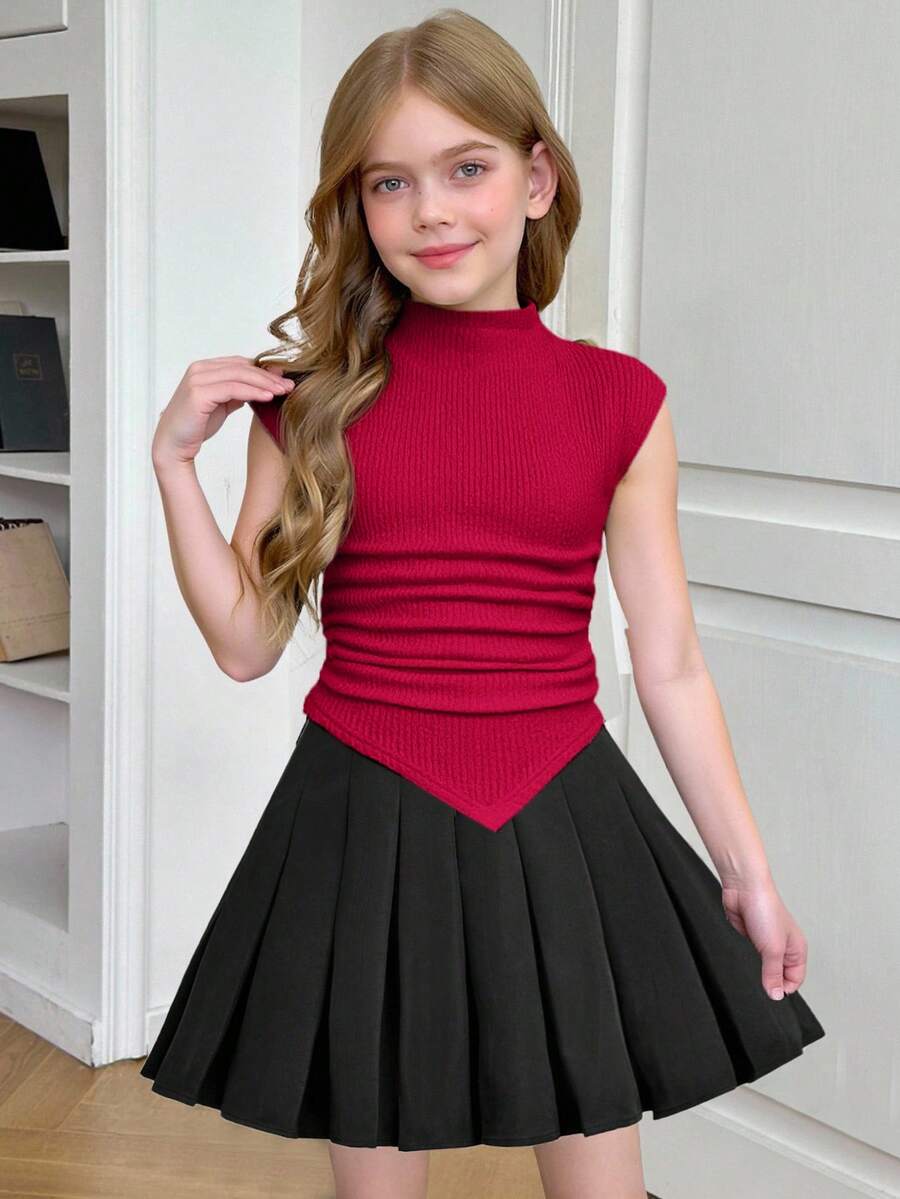 SHEIN 少女休闲针织修身漏斗领褶皱不对称下摆短袖上衣,适合春夏、返校季、母女装 - 紅色 - 查看 1