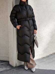 EURMUSE Abrigo acolchado y acolchado de color negro de corte holgado con cinturón y ribete rojo, cremallera y bolsillo, manga larga, elegante abrigo de invierno - Negro - Ver 3