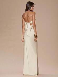 SHEIN BAE 性感简约纯色奶油黄无肩带露背系带超长鱼尾连衣裙，适合派对、鸡尾酒会、正式场合、伴娘、生日、圣诞节、宴会、商务休闲等场合。 - 杏色 - 查看 2