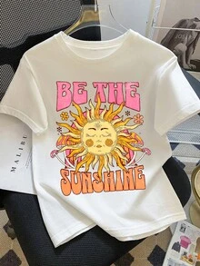 Resyla Letter Slogan & Sun Graphic Round Neck Short Sleeve T-Shirt - White - View 1