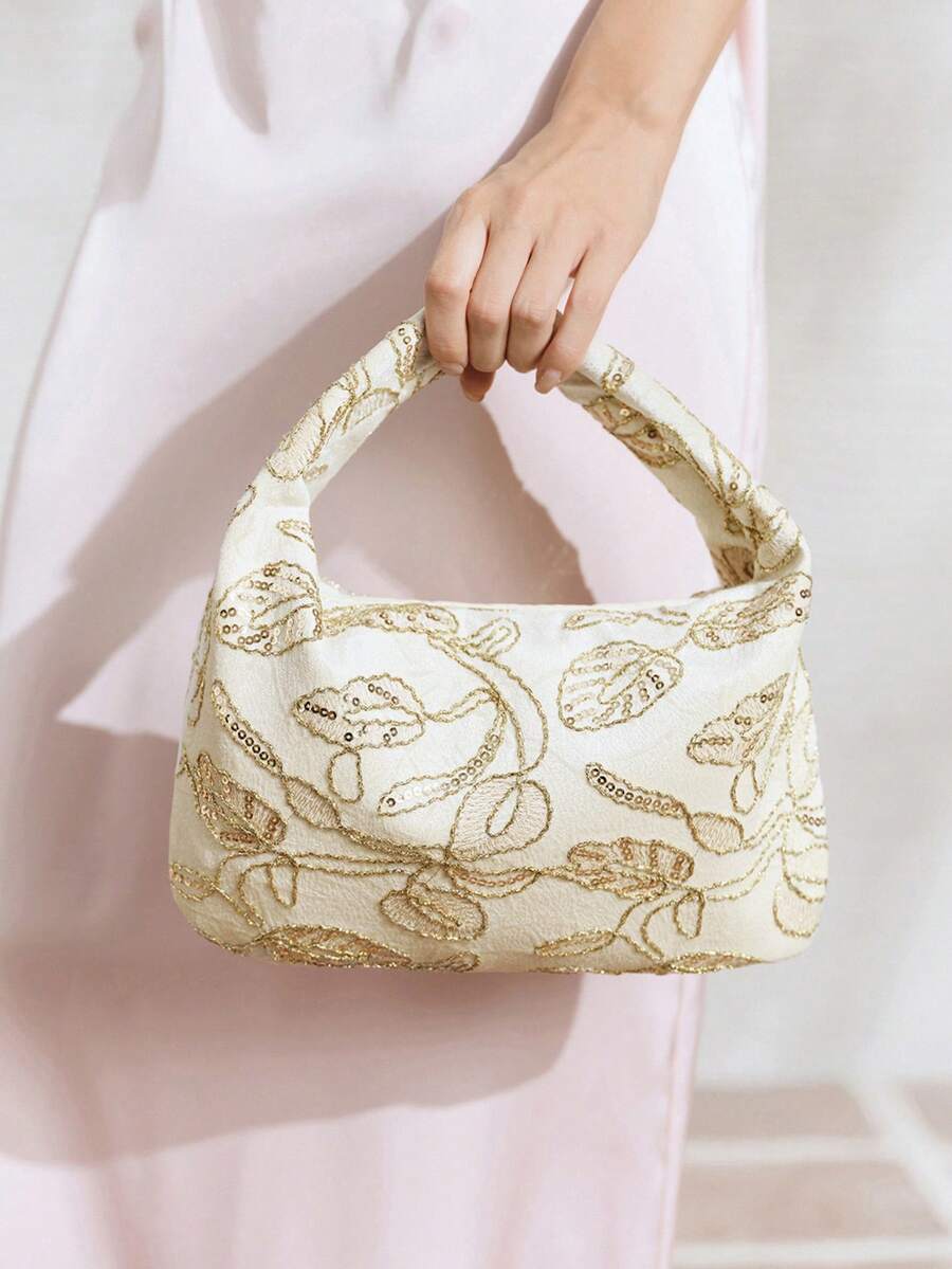 SHECARRY Ladies, Women Gold Botanical Embroidery Sequins Top Handbag,  Fashionable, Elegant, Simple, Personalized, Versatile, Retro, Vintage, For Date, Daily, Shopping, Afternoon Tea, Vacation, Holiday (Random Pattern) - Beige - View 1