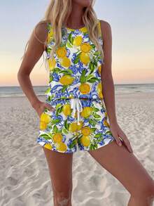 Sylviya 女士柠檬水果图案圆领无袖背心和双口袋短裤休闲沙滩度假两件套，春夏款 - 彩色 - 查看 7