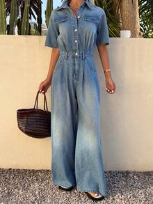 DAZY Bộ jumpsuit denim ống rộng có túi giả, kiểu dáng thường ngày dành cho nữ, thích hợp cho mùa xuân/hè, váy dự tiệc cưới. - Rửa trung bình - Xem 4