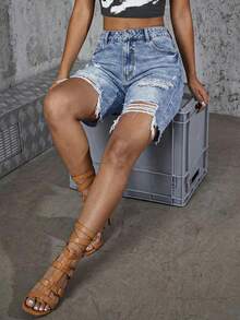 SHEIN ICON 女士口袋纽扣做旧休闲百搭日常牛仔短裤 - 藍色 - 查看 6