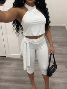 Slaydiva New Early Spring, Spring And Summer Music Festival, Valentine's Day, Easter Casual, Simple And Basic Style, Y2K Street Sweet, Best-Selling, Daily Date, Hot Girl Style, Sexy, Sporty And Stylish Style, Halter, Backless, Flower Bud Top, Sleeveless Vest + Tie, Bow, Waist, Seven-Inch Pants, Slimming Pants, White Set, Women's Two Pieces Set -A - White - View 4