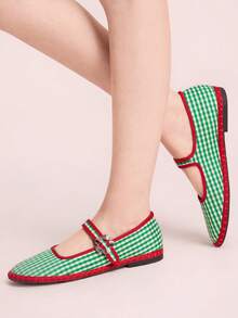 CUCCOO DOLLMOD 女士经典绿色格纹撞色条纹单条纹平底鞋 - 小格子綠色 - 查看 5