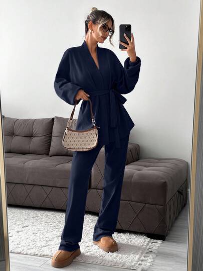 SHEIN Casual Solid Color Dropped Shoulder Strap Waist Belt Top And Pants Set