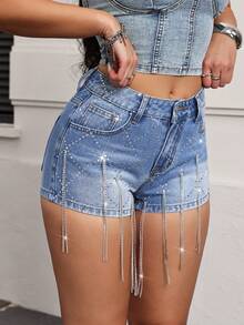 SHEIN PETITE Women's Rhinestone Tassel Design Pocket Fashionable Denim Shorts - Medium Wash - View 6