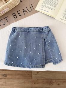 LMoss Kids Váy ngắn denim màu xanh dương đính ngọc trai giả màu trắng dành cho bé gái, thích hợp cho mùa hè, phong cách thường ngày và thời trang đi nghỉ mát, thời trang đường phố, phong cách những năm 2000, chất liệu denim mềm mại và thoải mái. - Rửa nhẹ - Xem 7
