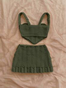 Soleia 2pcs Vacation Sexy Spaghetti Strap Crochet Crop Top And Low Waist Skirt Set, Suitable For Music Festival, Bohemian, Holiday, Date, Afternoon Tea - Olive Green - View 2