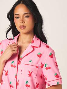 Missguided x Playboy 女士水果兔印花睡衣套装，纽扣上衣短袖短裤睡衣套装 - 粉色 - 查看 5