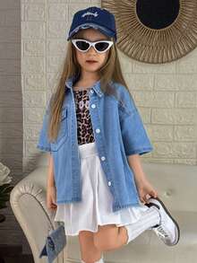 DAZY Young Girls Turndown Collar Short Sleeve Casual Denim Jacket And Coat, Fall Outfit - Blue - View 1