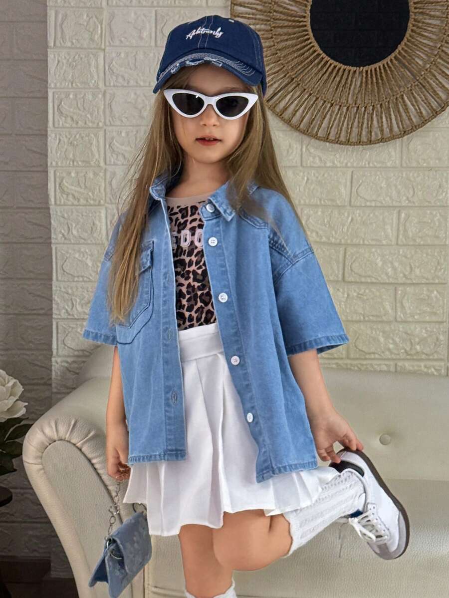 DAZY Young Girls Turndown Collar Short Sleeve Casual Denim Jacket And Coat, Fall Outfit - Blue - View 1