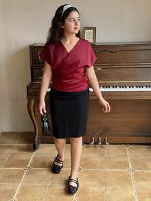 Dazy Kids Tween Girls V-Neck Short Sleeve Shirt Summer - Burgundy - View 2