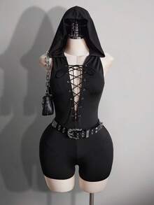 SHEIN ICON Bộ áo liền quần không tay có mũ trùm đầu dành cho nữ cỡ lớn với dây đeo chéo. - màu đen - Xem 1