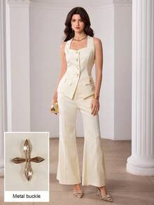Modelyn Conjunto de traje casual de mujer con chaleco sin mangas con hebilla de metal minimalista y pantalones acampanados - Albaricoque - Ver 8