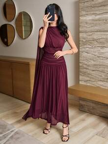 Modelyn 女士纯色褶裥领优雅中长连衣裙 - 深紅色 - 查看 8