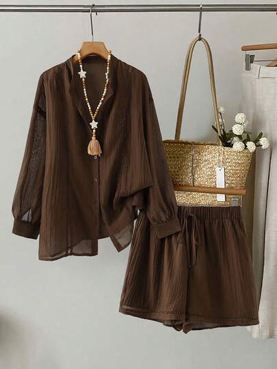 GlowEve CURVE 大码蕾丝拼接衬衫荷叶边短裤套装，女士休闲度假装