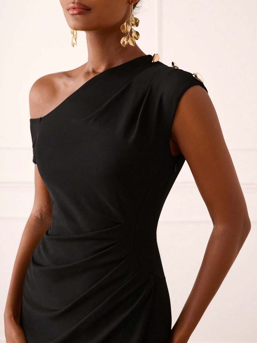 Lilora Elegant Black Summer Bodycon Midi Dress For Women,Asymmetrical One Shoulder Ruched Luxury Chic Dining Dinner Date Dresses,High Quality Zanea Dress - Black - View 1