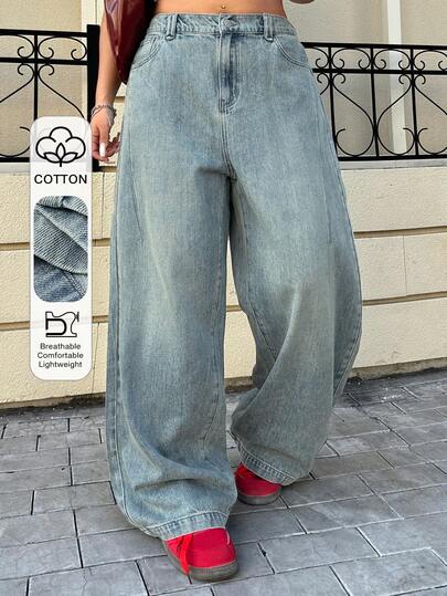 Dazy Plus Fashionable Casual Vintage Washed Distressed Straight Leg Streetwear Plus Size Women Jeans, All Season