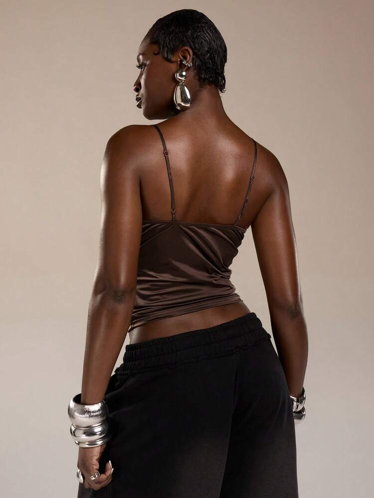 Normani Sexy Lace Patchwork Sling Strap Top, Summer Brown Top Lace