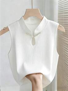 Franclia 女士时尚优雅纯色无袖中国风珍珠纽扣青蛙领纯色针织背心，白色上衣，无袖上衣，夏季，中国风，适合日常穿着，百搭，休闲上衣，办公室日常通勤，度假，休闲宴会，派对，白色女士背心，女士休闲上衣，夏季上衣，女士夏季。 - 白色 - 查看 2