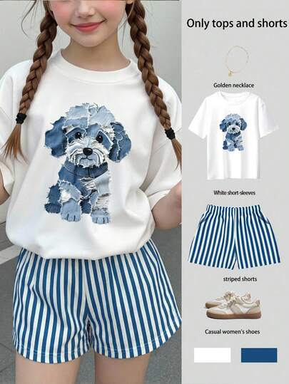 Bộ đồ 2 món dành cho nữ tuổi teen, gồm áo thun ngắn tay cổ tròn dáng rộng in hình chú chó dễ thương và quần short kẻ sọc dáng rộng, thích hợp cho mùa xuân và mùa hè.