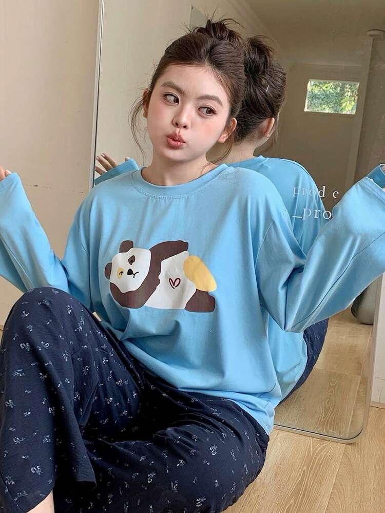 Dazy Plus Plus Size Women Cute Casual Blue Bear Print Loose Top & Floral Straight Leg Pajama Pants Set