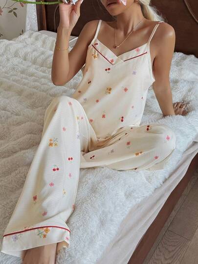 CottageSlumber 樱花印花吊带背心和裤子女士睡衣套装，家居服