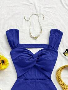 Soleia WYWH 女士度假针织条纹扭结前开襟深V连体裤，适合派对、约会、情人节、复活节、狂欢节、下午茶、海滩、邮轮、城市度假、秋冬季叠穿 - 寶藍色 - 查看 4