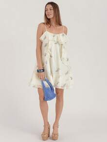 Đầm ngắn nữ màu mơ thêu bèo nhún, đầm hai dây không tay, đầm đi nghỉ mát. - Màu be - Xem 8