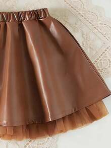 SHEIN Playful Pals Baby Girls Coffee Brown A-Line Skirt With Mesh Lace Hem,Summer Cute Modest Fashionable Sweet Party Back-To-School Elegant Comfortable Daily Travel - Royal Blue - View 3