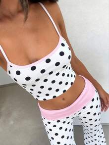 MainGRL 2件套 活力青春美式休闲运动风女童黑色波点粉色滚边撞色装饰吊带背心和阔腰喇叭裤，春夏款 - 彩色 - 查看 1
