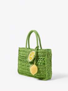 Viva Strut 女士手提包，草编包，柠檬吊坠，水果吊坠，时尚，优雅，简约，个性化，百搭，适合海滩、度假、假日、夏季、海边、沙滩派对 - 綠色 - 查看 2