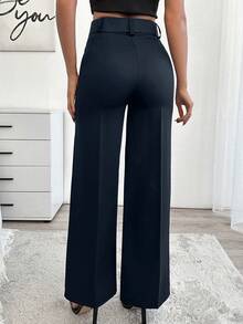 SHEIN Cottnline Women's Solid Color Toothpick Design Wide Leg Loose Elegant Commuter Pants - Navy Blue - View 2