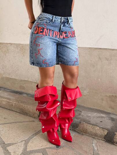 StreetHx Fashionable Casual Street Style Letter Print Low Waist Wide Leg Denim Shorts