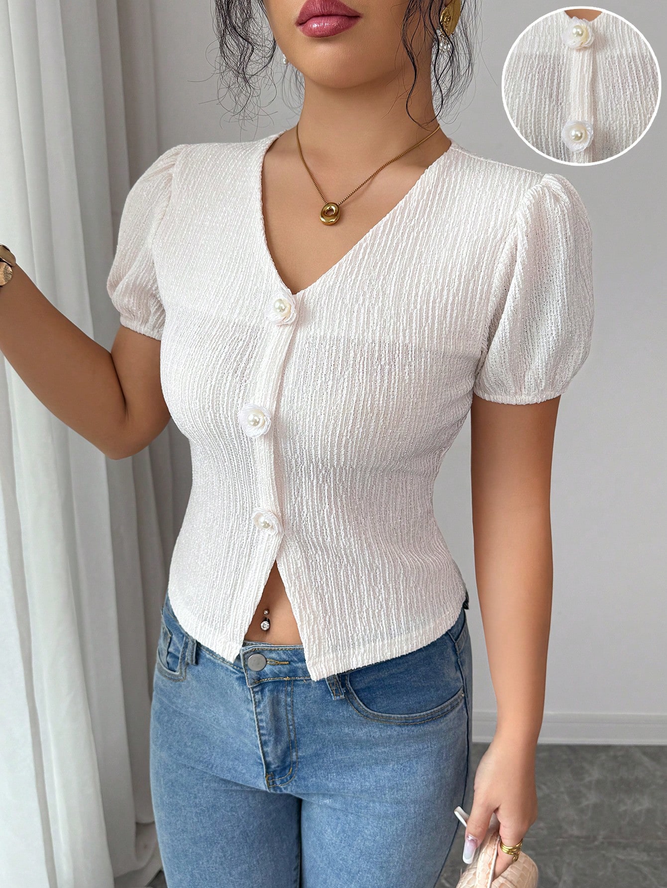 Elenzga تي شيرت بأكمام قصيرة منتفخة، ذو رقبة على ش...