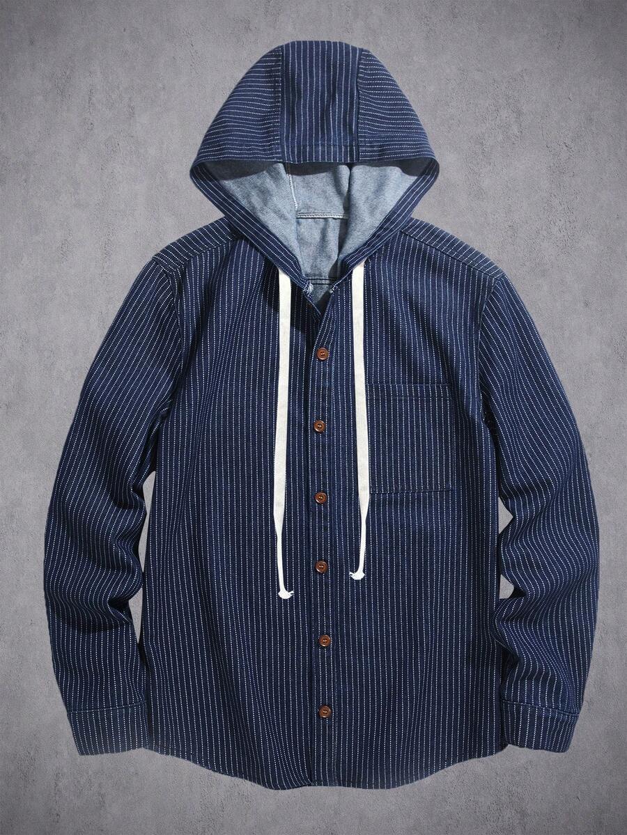 Manfinity Denimwave Young Street Style Washed Blue Straight Fit Striped Hoodie With Drawstring, Spring/Summer - Blue - View 1