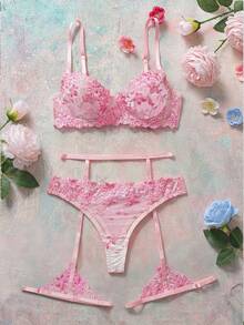 3-Piece Women's Sexy Light Purple Lingerie Set For Going Out - Pink - View 6