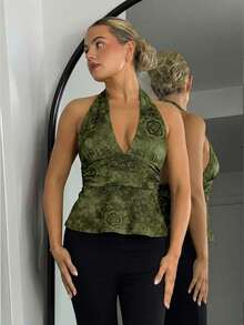 Bethéva Women's Floral Print Halter Deep V-Neck Cinched Waist A-Line Backless Camisole - Army Green - View 5
