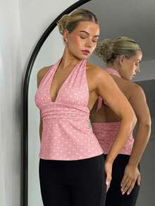 Bethéva Women's Halter Deep V-Neck Ruched A-Line Polka Dot Backless Camisole - Pink - View 4