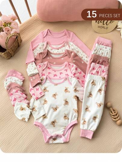 Newborn Baby Girl Cute Casual Knit Cartoon Bear Polka Dot & Ditsy Floral Romper, Pants, Gloves 3pcs Outfit Set